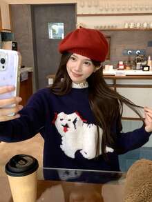DAZY Sweater Wanita Lengan Panjang Leher Bulat Warna Kontras Musim Gugur/Dingin - Biru - View 3