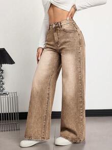 SHEIN Tall Women's High Waist Pocket Wide Leg Loose Casual Denim Jeans - Brown - View 4