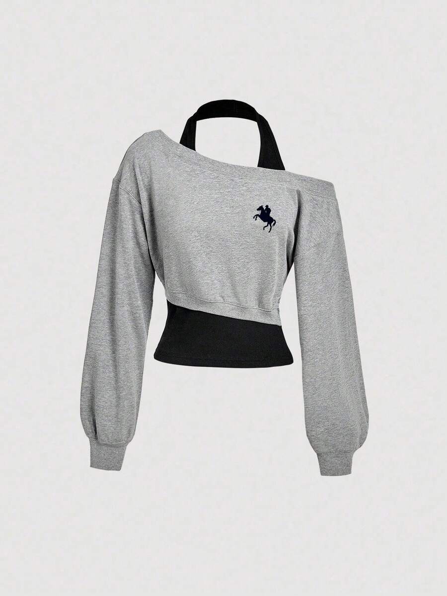 SHEIN MOD Sweatshirt Wanita Kasual dengan Motif Ksatria Warna Kontras, Model Vintage Musim Gugur/Dingin, Gaya Y2K - MultiWarna - View 1