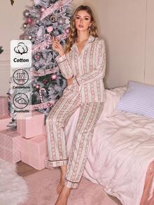 SHEIN Women's Cotton Two Pieces Printed Red And White Pajama Sets - Red - View 7
