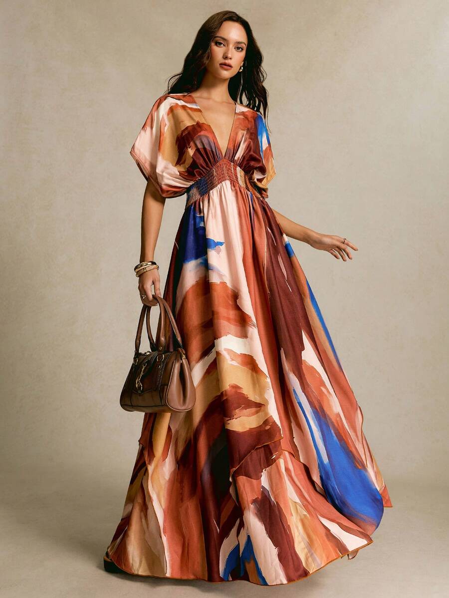 CielaLinda Women's V-Neck Printed Asymmetric Hem Dress Vacation Dress Brunch Vacation Brown And Pink Summer Elegant - Multicolor - View 1