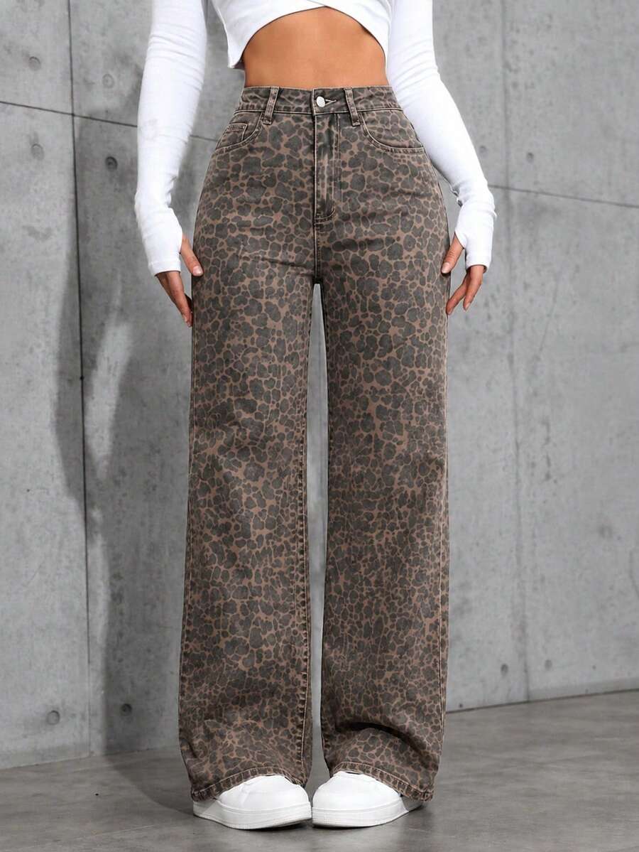 SHEIN ICON 女款時尚豹紋印花鈕扣口袋直筒牛仔褲 - 彩色 - 查看 1