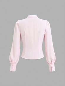Sweetra Top de Estilo Doce & Picante com Amarração Frontal, Franzida, Vazada e Abotoamento Único, Top Versátil de Manga Longa com Ajuste Slim - Rosa chiclete - Visão 2
