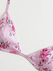 lacRébo Pink Satin Lingerie Set With Floral Print, Triangle Bra And Matching Thong Cute Chic Style - Multicolor - View 4