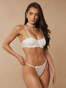 Silquee Solid Contrast Lace Scallop Underwire Bra Lingerie - White - View 7