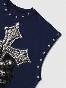 ROMWE MEN Street Life 男士寬鬆版型鉚釘印花背心 - 寶藍色 - 查看 4
