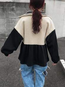 FRIFUL 女款拼色拉鍊休閒寬鬆運動衫，黑色，適合度假與秋季 - 黑色 - 查看 3