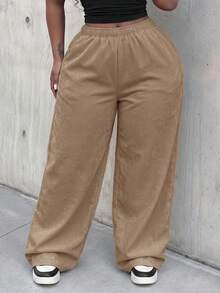 Slaydiva Plus Size Casual Versatile Solid Color Loose Pants Fall - Khaki - View 9