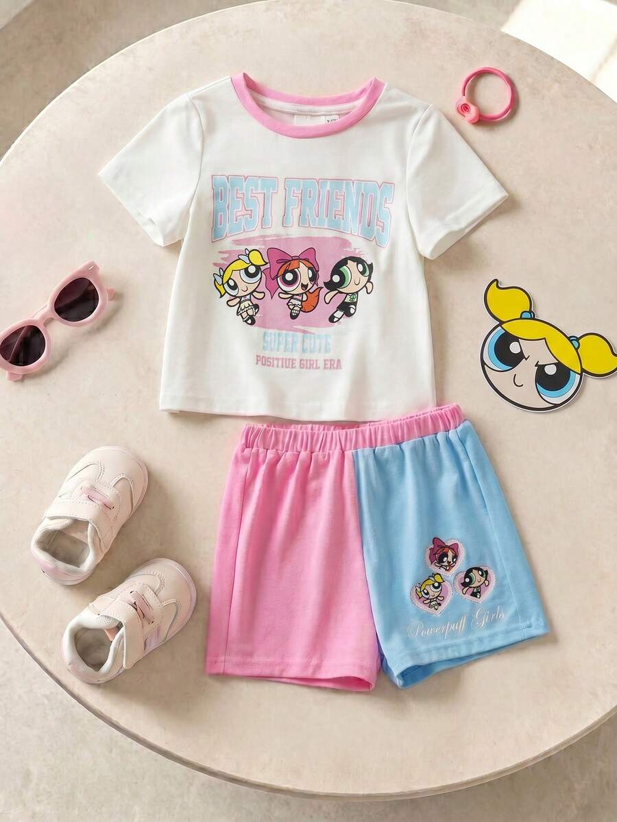 THE POWERPUFF GIRLS X SHEIN 女嬰卡通印花T恤短褲套裝 - 彩色 - 查看 1