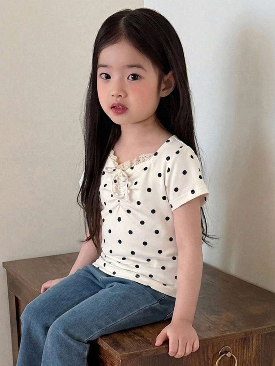 Dazy Kids 女童領口短袖紋理鏤空設計T恤 - 米色 - 查看 1