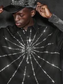 NEON BLANC Men's Rhinestone Printed Denim Shirt - Black - View 6