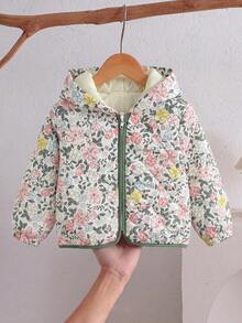 SHEIN 女嬰可愛秋冬百搭休閒花卉圖案保暖內裡加厚外套 - 綠色 - 查看 1