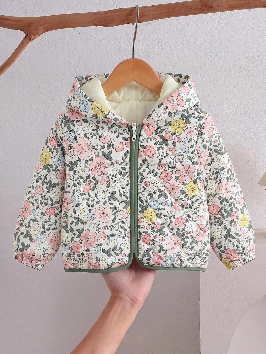 SHEIN 女嬰可愛秋冬百搭休閒花卉圖案保暖內裡加厚外套 - 綠色 - 查看 1