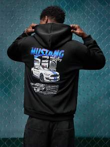 EVRINFINITE #Motocore 男士 Mustang 賽車圖案印花連帽衛衣，附抽繩與口袋 F1racing - 黑色 - 查看 2
