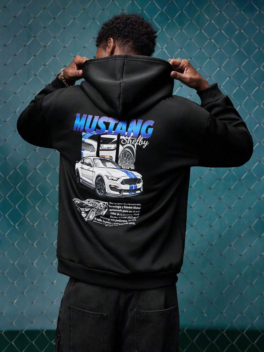 EVRINFINITE #Motocore 男士 Mustang 賽車圖案印花連帽衛衣，附抽繩與口袋 F1racing