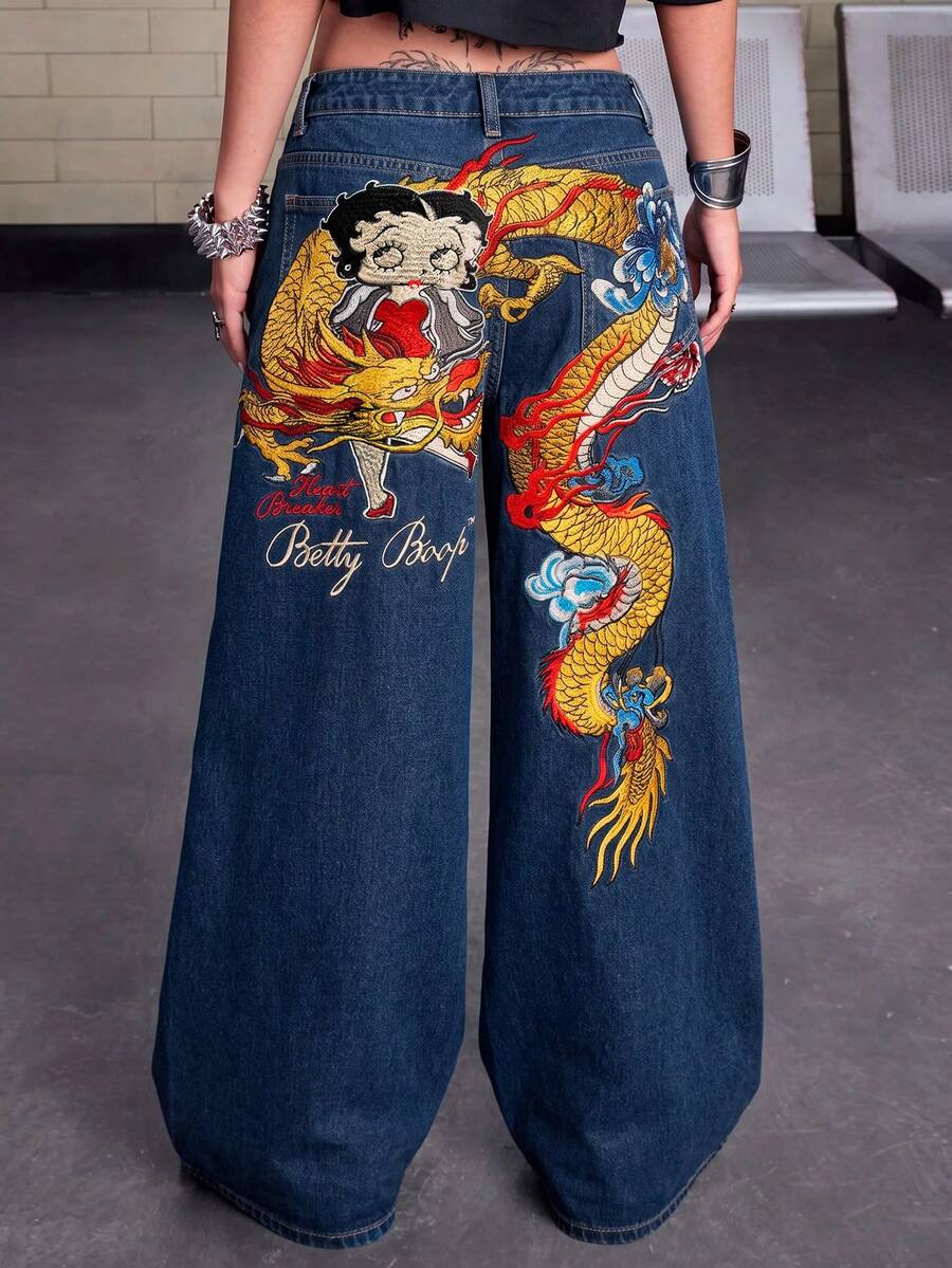 Betty Boop | ROMWE 春夏圖案聯名龍刺繡低腰寬鬆寬腿牛仔褲 - 寶藍色 - 查看 1