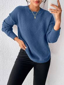 SHEIN 女款素色圓領落肩長袖休閒套頭針織衫 - Dark Blue - 查看 6