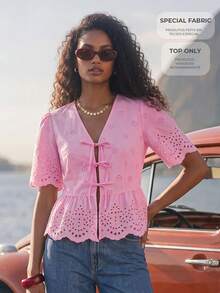 CAJUNI Vacation Casual Solid Color Hollow Embroidery Tie-Front Shirt - Pink - View 8