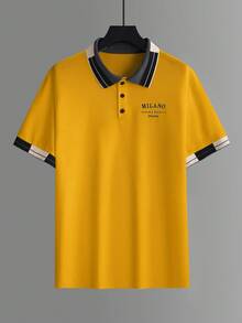 Calvornis 男士珠飾刺繡羅紋領短袖休閒 Polo 衫 - 黃色 - 查看 4
