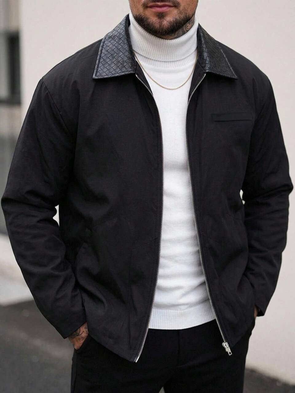 Men's Black Patchwork Collar Short Padded Coat, Autumn/Winter Jacket