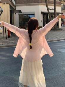 DAZY 女款純色落肩長袖單排扣休閒口袋襯衫 - 粉色 - 查看 2