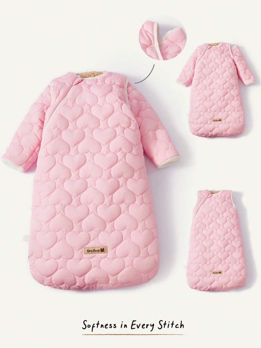Cozy Pixies 1件裝嬰兒加厚保暖愛心可愛絎縫睡袋,兩種穿法,可拆卸袖子 - 粉色 - 查看 1