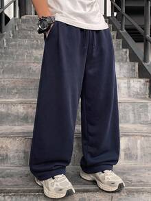 SHEIN 兒童青少年男孩休閒百褶長款運動長褲，深藍色極簡百搭，Y2K下身單品，SS26 - 藏蓝色 - 查看 1