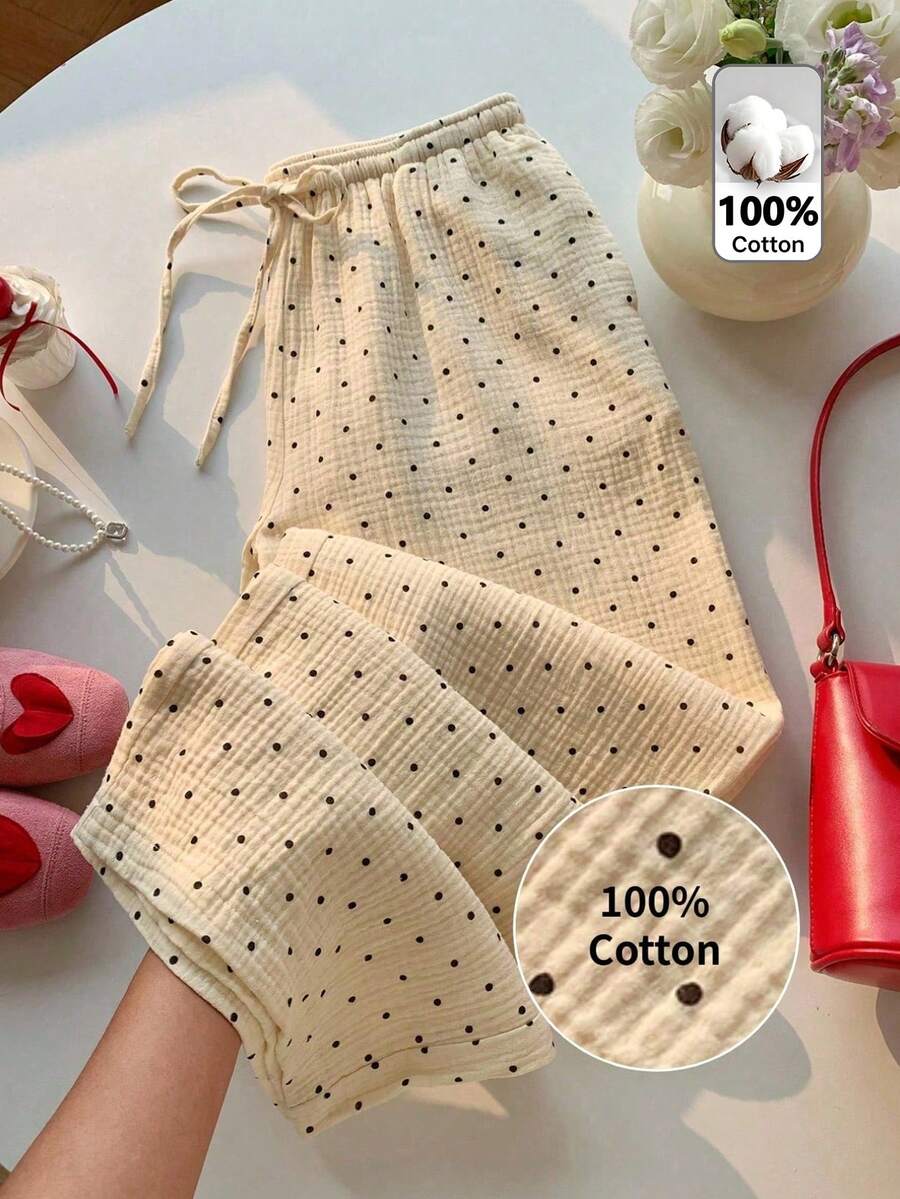 SHEIN Tween Girl Woven Fitted Casual Polka Dot Print Straight Leg Pants - Apricot - View 1