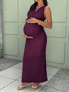 SHEIN 孕婦純色紋理圓領無袖修身休閒洋裝 - 紫紅色 - 查看 3