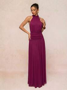 Lumalex Soft Flowy Comfortable Mesh Mock Neck Ruched Waist Oversized Skirt Backless Tie Strap Women's Long Dress - Burgundy - View 6