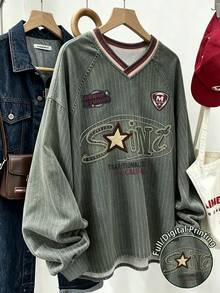 Resyla American Vintage Street Distressed V-Neck Sweatshirt, College Style, Letter Print, Autumn And Winter Style, Currently Popular, Fashionable Sweatshirt - Multicolor - View 1