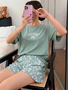 DAZY 女款字母印花圓領短袖上衣與短褲休閒居家服套裝 夏季睡衣 - 綠色 - 查看 3