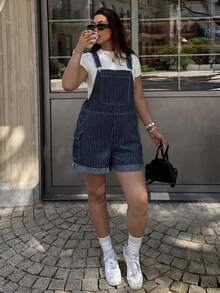 Lounesse Plus Size Women's Striped Casual Daily Denim Romper Fall - Dark Wash - View 8