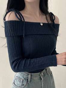 DAZY 女款休閒百搭純色露肩細肩帶T恤可愛上衣 - 藏蓝色 - 查看 5