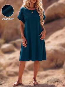 SHEIN LUNE CURVE 大码女式纯色蕾丝镂空无袖连衣裙 - 水鴨藍 - 查看 5