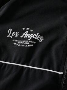 SHEIN 青少年男孩 2件組 Los Angeles 23號圖案夾克與長褲套裝，純黑色對比滾邊秋冬運動服，秋季穿搭 - 黑色 - 查看 4