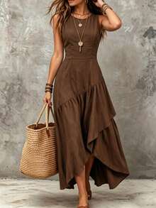 SHEIN Franclia French Style Square Neck Sleeveless Dress, Waist-Defining Slimming Asymmetrical Ruffle Design, Commuter & Vacation Dress - Dark Brown - View 3