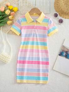 SHEIN 女童度假條紋拼接鈕扣半開襟 Polo 洋裝，返校穿搭日常洋裝，適合夏季與秋季 - 彩色 - 查看 7