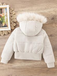 SHEIN Elladie kids 女童冬季白色連帽厚毛領高腰羅紋修身西式棉襖外套，休閒百搭天鵝絨加厚Y2K外套 - 杏色 - 查看 3
