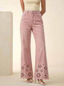 Anewsta Fashion Embroidered Hollow-Out Flared Jeans - Pink - View 4