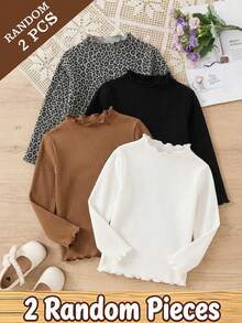 Envío aleatorio de 2 de 4 camisetas de capa base para niña con cuello semi alto, manga larga y ribete con volantes, de punto acanalado en color liso y estampado de leopardo, conjunto casual de otoño - Multicolor - Ver 4