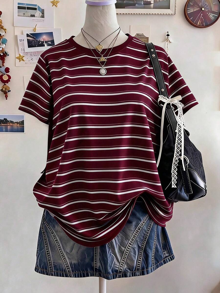 SHEIN Sparklyn 青少年女孩條紋拼接休閒百搭日常短袖T恤 - 酒紅色 - 查看 1