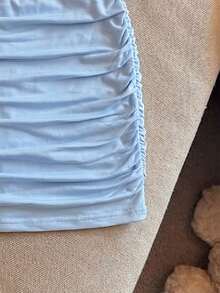INAWLY Women's Light Blue Solid Color Pleated Bodycon Fashion Sexy Skirt - Baby Blue - View 5
