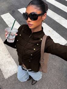 Muchica Women's Solid Color Studs Decor Casual Versatile Daily Long Sleeve Jacket - Brown - View 5