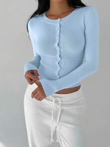 FavEase Women's Solid Color Casual Fitted Front Button Cardigan, Versatile - Blue - View 3