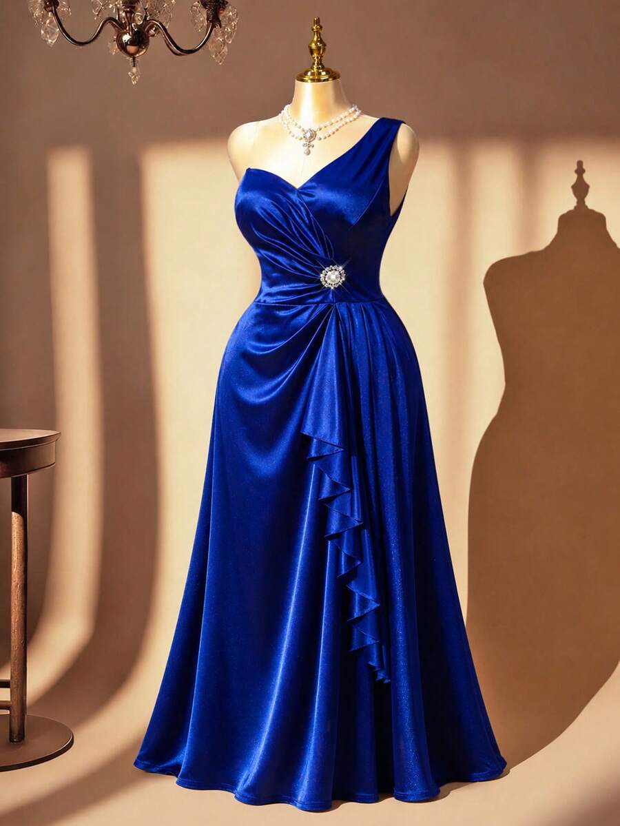 Rometta Women's Plus Size Royal Blue One-Shoulder Ruched Waist Asymmetrical Ruffle Hem Dress With Rhinestone Buckle Decor, Elegant Formal Long Evening Gown