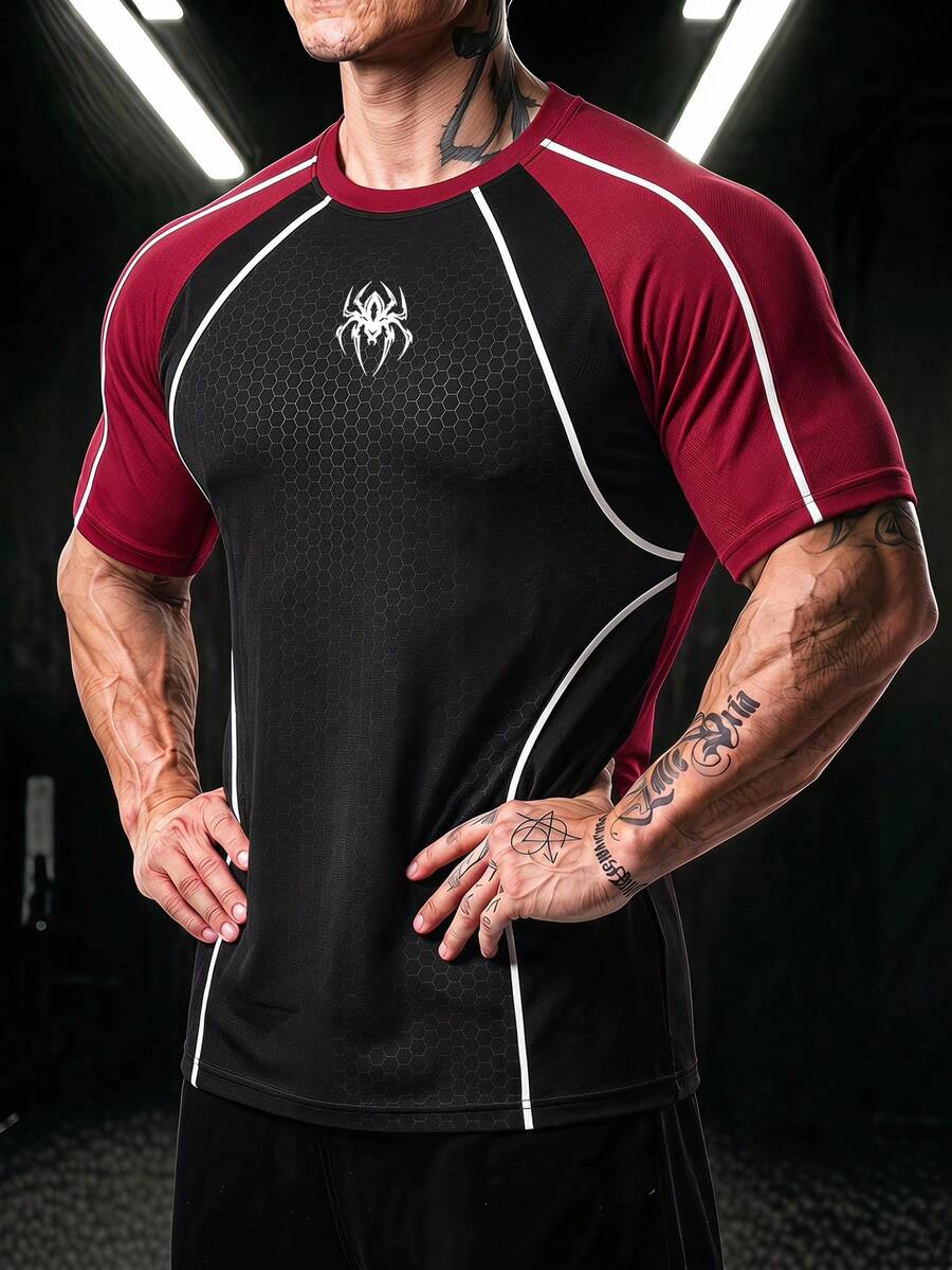 GymBeat Men's Spider Stripe Pattern Print Contrast Color Crew Neck Sports T-Shirt Gym Workout Black And White Summer Sporty Athleisure,Halloween - Multicolor - View 1