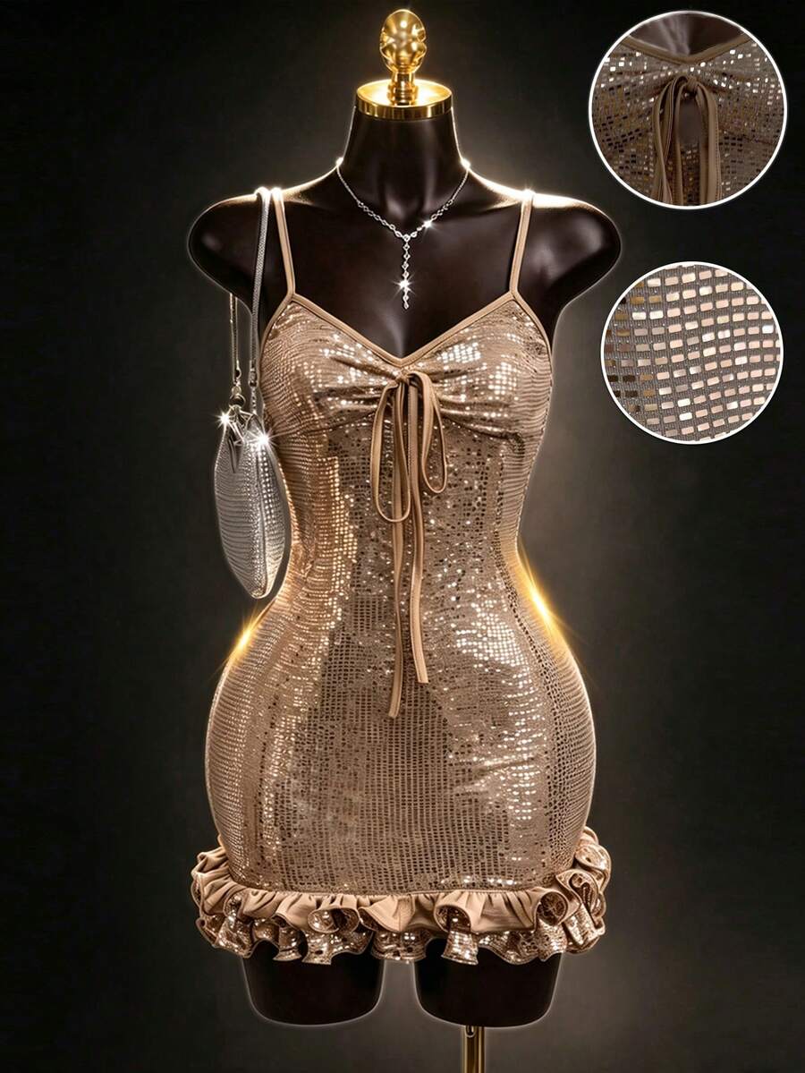 SaltGleam SaltGleam Women's Solid Color Sequin Front Tie Cami Dress - Gold - View 1