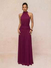 Lumalex Soft Flowy Comfortable Mesh Mock Neck Ruched Waist Oversized Skirt Backless Tie Strap Women's Long Dress - Burgundy - View 7