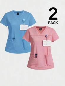 TaskEZ Scrub Top, Solid Color V-Neck Short Sleeve Double Pocket Scrub Top, 2-Piece Set, Suitable For Work Commute, Pet Hospital - Multicolor - View 1
